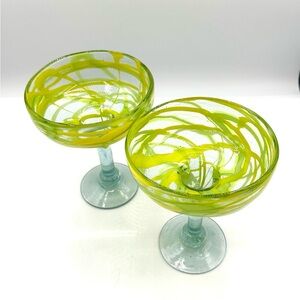 2 Chartreuse (Yellow & Green) Swirled Blown Margarita Glasses